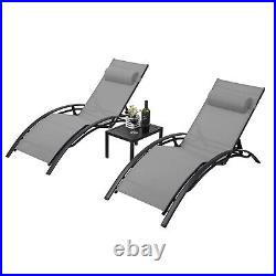 3pcs Adjustable Patio Chaise Lounge Chairs Table Set Outdoor Pool Recliner Gray