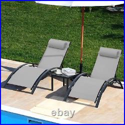 3pcs Adjustable Patio Chaise Lounge Chairs Table Set Outdoor Pool Recliner Gray